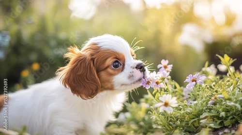 A curious cute puppy sniffing flowers in a beautiful garden soft white and brown fur glowing in the sunlight capturing a moment of joy and exploration cut out on isolated transparent background