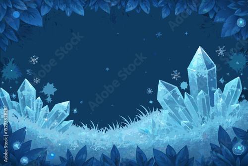 Generate a detailed image of a frosted ice border adorned with glowing, translucent blue crystals, overflowing with a magical, wintery ambiance.