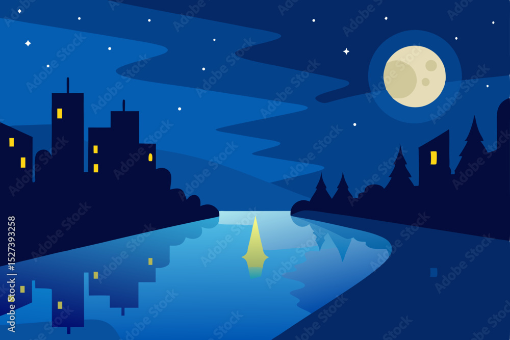 Fototapeta premium Serene Night Cityscape Moonlit River and City Reflections