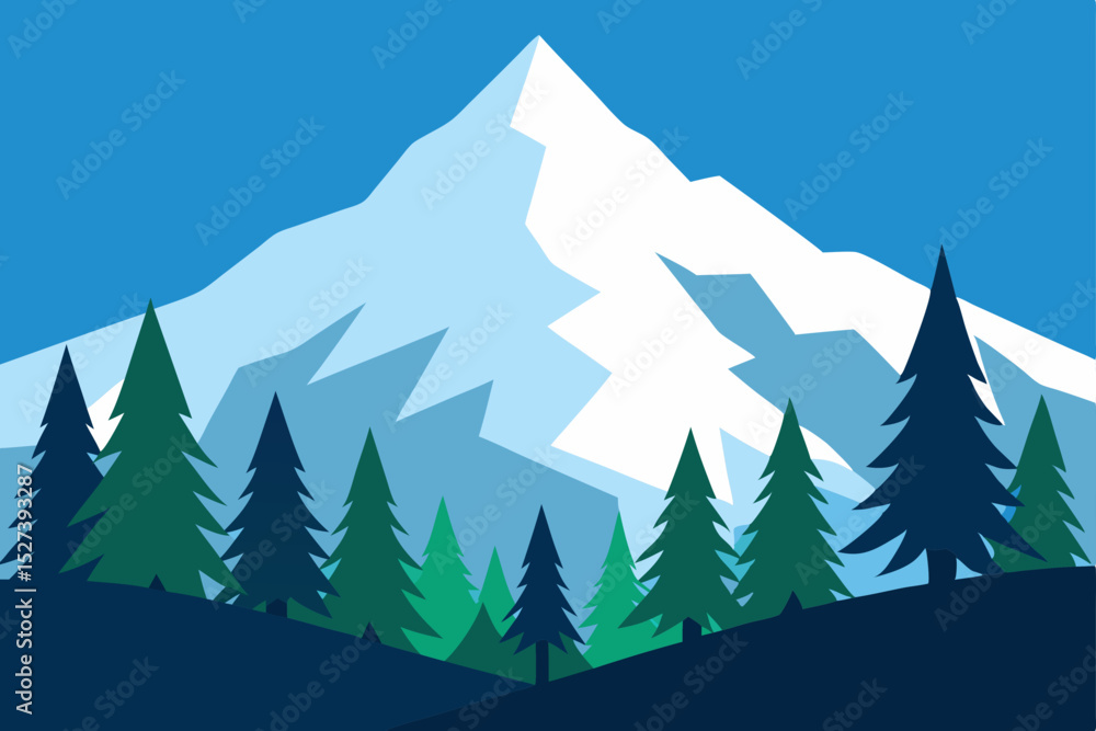 Fototapeta premium Majestic Mountain Peak and Evergreen Forest A Stunning Winter Landscape Illustration