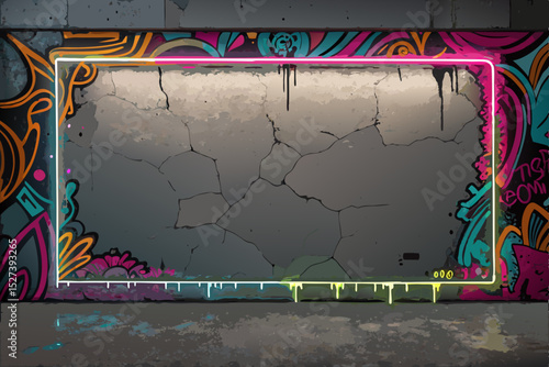 Vivid neon graffiti spray paint border with drips, edgy street art style, abstract design.