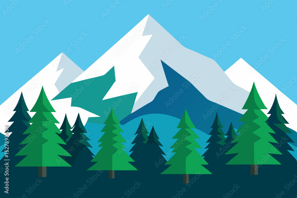 Obraz premium Majestic Mountain Peaks and Evergreen Forest A Serene Landscape Illustration