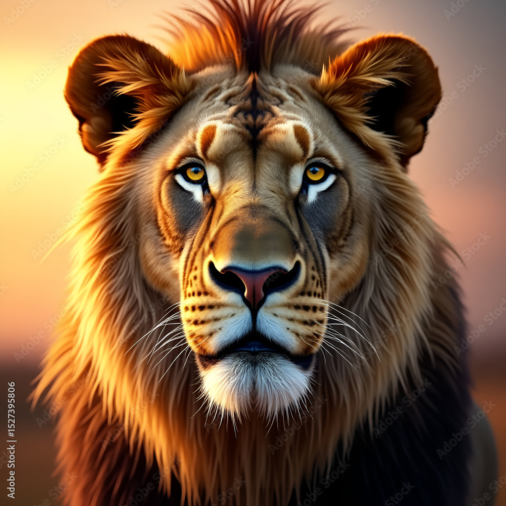 Naklejka premium Isolated head and face portrait of a majestic wild big cat lion with a striking mane