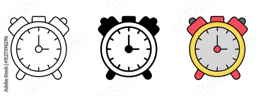 Alarm Clock Icon Set – Line, Glyph, and Fill Style

