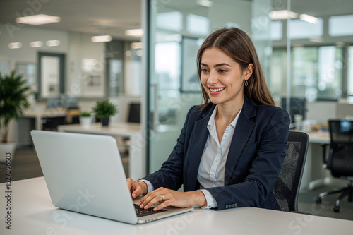 Professional Woman Working on Laptop in Modern Office Setting