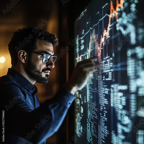 Businessman points at Decentralized Finance (DeFi) as a revolutionary approach to financial services that eliminates intermediaries for peer-to-peer transactions directly on blockchain networks.