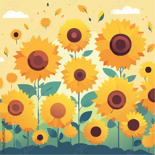 A vibrant and cheerful illustration of a field filled with blooming sunflowers, perfect for bringing a touch of nature's beauty to any creative project.