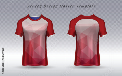 A stylish sports jersey in deep red and white, featuring a subtle geometric low-poly pattern that adds a modern and sophisticated touch. Perfect for team uniforms and athletic apparel.