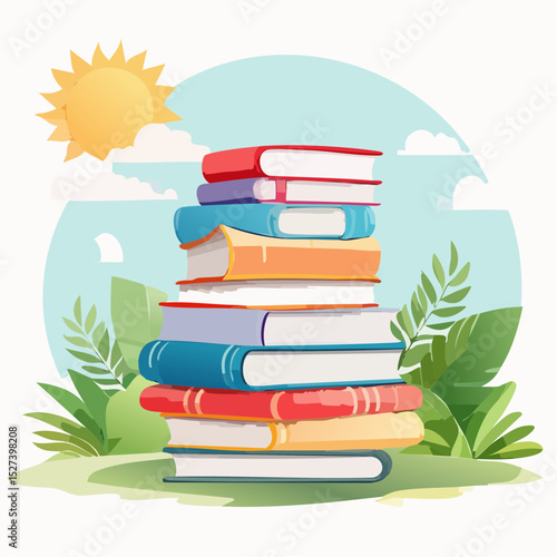 An inviting illustration of a stack of colorful books under a bright sun in a cheerful outdoor setting with lush green foliage and a light blue sky.