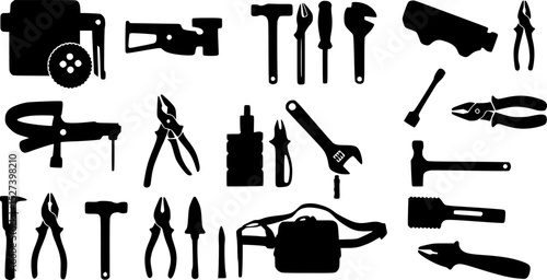 a set of black silhouettes of tools and tools for construction, tools, tool, tool belt, vector