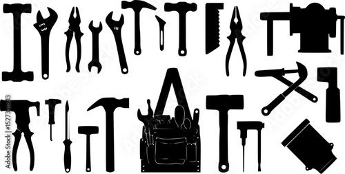 a set of black silhouettes of tools and tools for construction, tools, tool, tool belt, vector