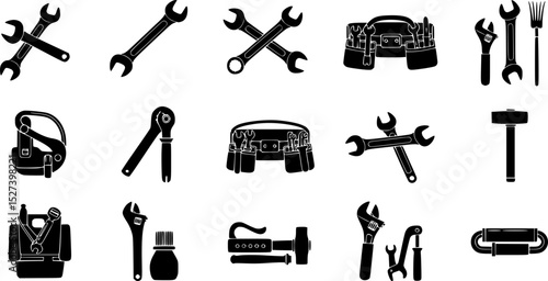 a set of black silhouettes of tools and tools for construction, tools, tool, tool belt, vector