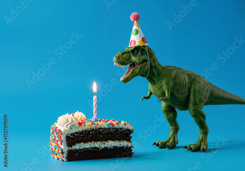 Dinosaur celebrates near cake with candle against blue backdrop It is a fun birthday