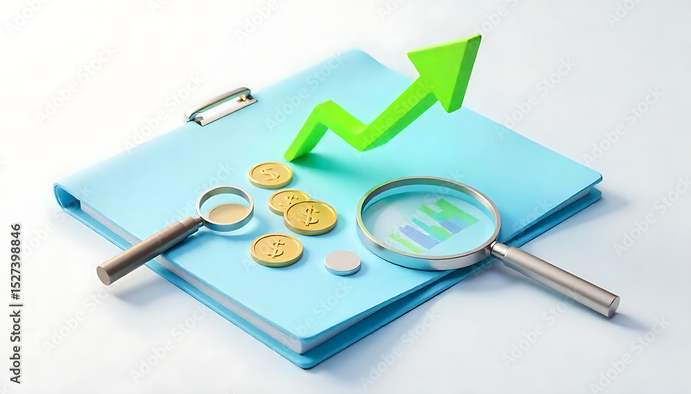 Blue folder with magnifying glass, bar chart, green upward arrow, coins and disc isolated on white background. Concept of business growth. 3D Rendering Blue folder with magnifying glass, bar chart, green upward arrow, coins and disc isolated on white background. Concept of business growth. 3D Rendering