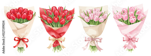 赤色とピンク色のチューリップの様々な花束がリボンでラッピングされた水彩風のイラストセット記念日のプレゼント