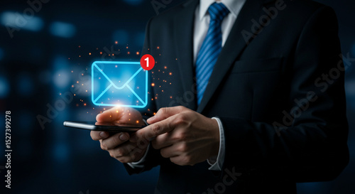 Wallpaper Mural Man in suit holding phone with email notification icon and message bubble with number one overlayed business.selling ,purchasing,agreement  Torontodigital.ca