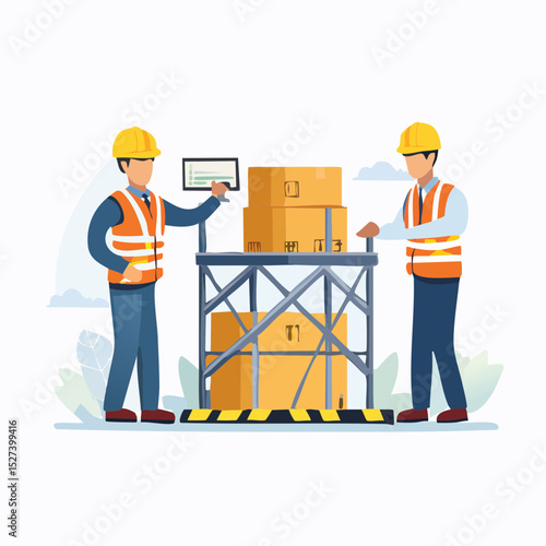 Illustration depicting two workers in a warehouse, wearing safety vests and hard hats, inspecting boxes on a storage rack, flat vector design.