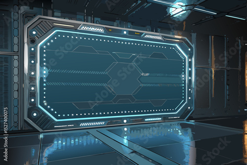 Design a futuristic, holographic sci-fi interface border with vibrant glowing neon blue and green edges, incorporating subtle technological textures.