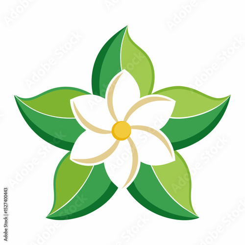 Blossom Harmony: A stylized graphic illustration of a delicate white flower with verdant leaves radiating outward, an embodiment of nature's serene beauty.