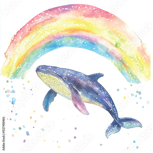Watercolor Whale with Rainbow Sky Illustration