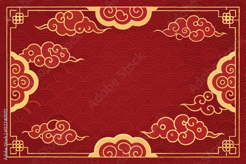 Generate a detailed image of a traditional Asian cloud border design in rich red and gold hues, showcasing intricate detailing and flowing lines.