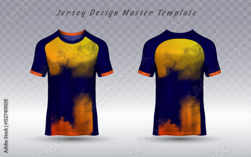 nique jersey design master template features a dark blue base with a vibrant orange and yellow abstract mist effect, perfect for sports teams, esports, or athletic apparel branding.