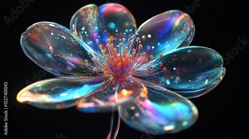 A vibrant, translucent flower with colorful petals and sparkling details against a black background. The flower exhibits a unique, ethereal quality.