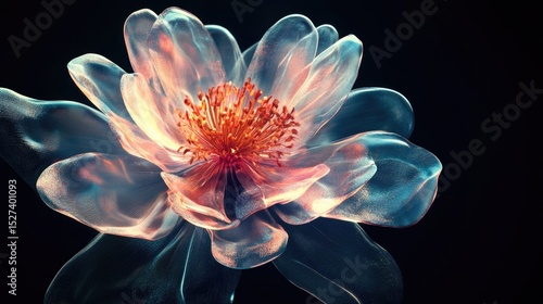 A delicate, translucent flower with soft pink and white petals. The center features vibrant orange stamens. The background is dark, enhancing the flower's beauty.