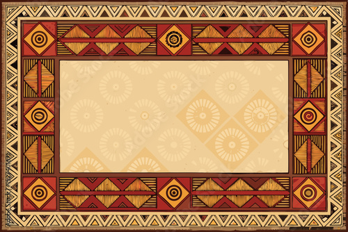 Design a square frame border featuring a bold tribal pattern using earthy tones like terracotta, ochre, and umber.  The pattern should be intricate and visually striking.