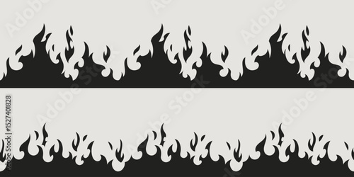 Fire border silhouette patterns - black flame shapes, burning edge design elements for hot graphics, decorative blaze strips with seamless repeat, danger warning symbols and inferno themed dividers.