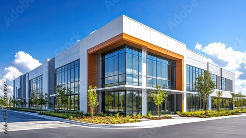 Daytime exterior view of modern office buildings in a corporate business center