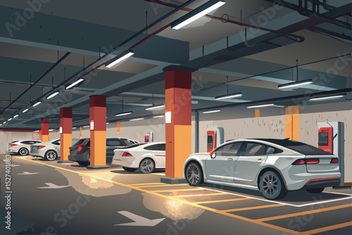 Image of an underground parking garage featuring electric vehicle charging stations, showcasing modern infrastructure and sustainable transportation.