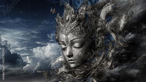 Abstract sculpture of a serene woman amidst a stormy sky  