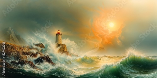 Dramatic lighthouse standing on rocky shore during stormy sunset  