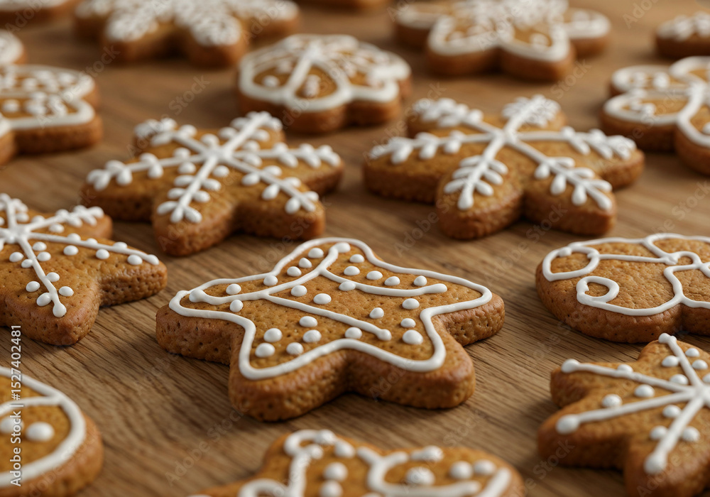 Festive gingerbread cookies feature intricate icing patterns on a wooden surface bakery perfection Festive gingerbread cookies feature intricate icing patterns on a wooden surface bakery perfection