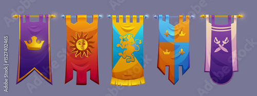 Medieval castle banners set for game interface - heraldic flags with lion emblem, fleur de lis, crown and sun symbols, silver gold pole. Kingdom pennants hanging on poles for fantasy rpg assets
