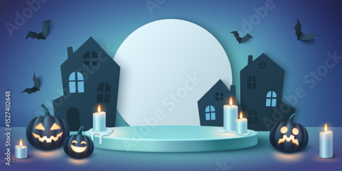 Halloween party display podium scene - turquoise platform with spooky house silhouettes, glowing moon backdrop, carved pumpkins with flickering candles, flying bats above. Product showcase stage.