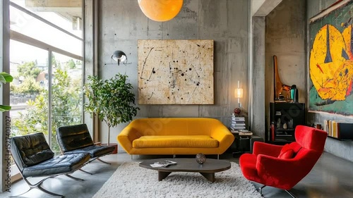 Modern living room with yellow sofa, red armchair, and abstract art