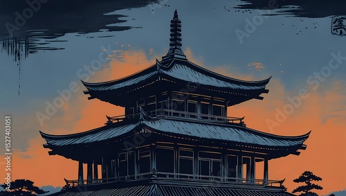 Wallpaper Mural A stylized etching of an old pagoda silhouetted against twilight skies.
 Torontodigital.ca