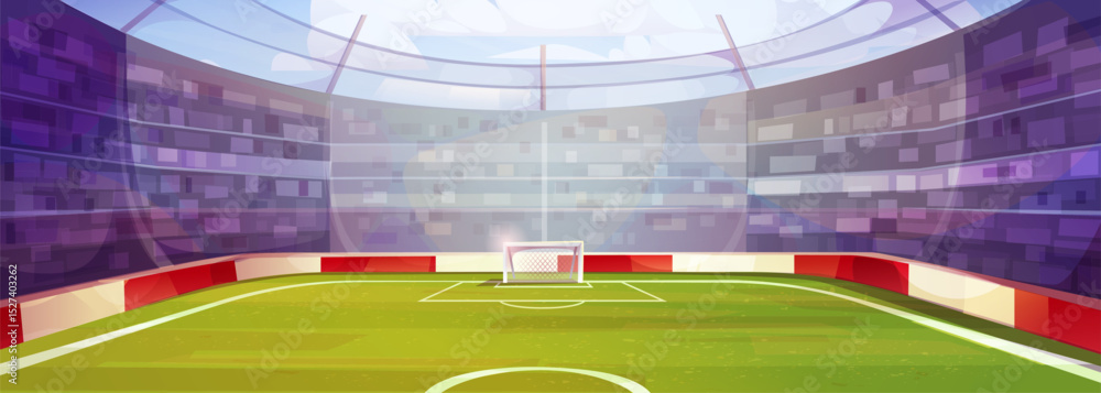 Naklejka premium Cartoon soccer stadium interior view - green field with white lines, goal net at center, red and white barriers around pitch. Stands filled with crowd under dome roof for sports game or football match