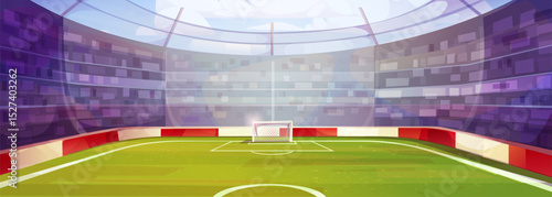 Cartoon soccer stadium interior view - green field with white lines, goal net at center, red and white barriers around pitch. Stands filled with crowd under dome roof for sports game or football match