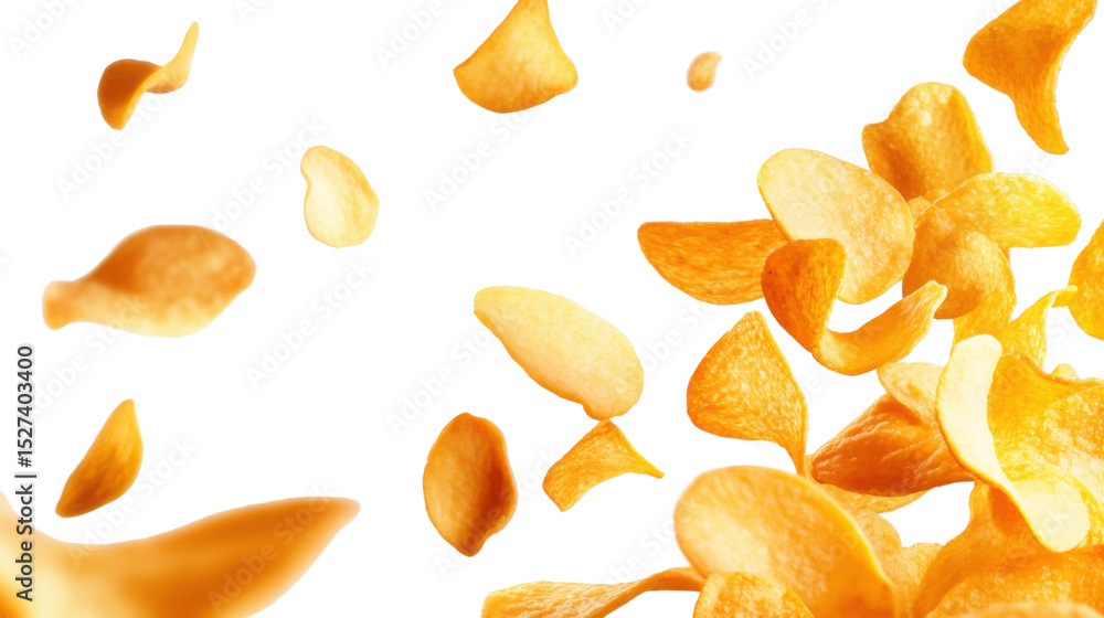 Potato chips scattered snack food arrangement isolated on white background Potato chips scattered snack food arrangement isolated on white background