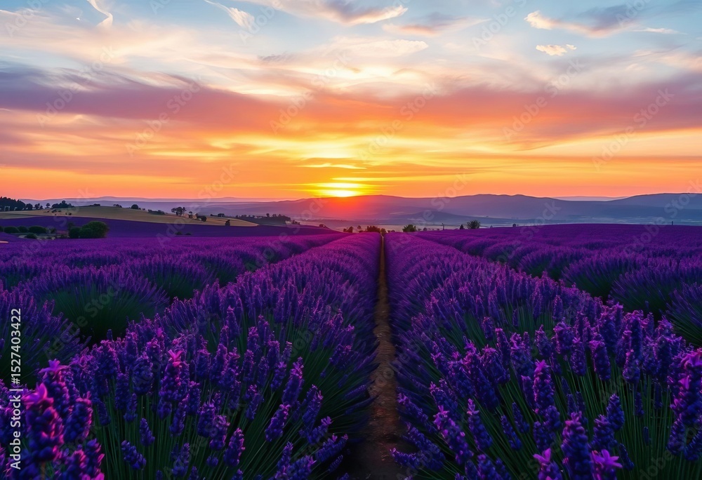 Obraz premium Sunset over Valensole Plateau, rows of purple lavender in full bloom, July, agriculture, image