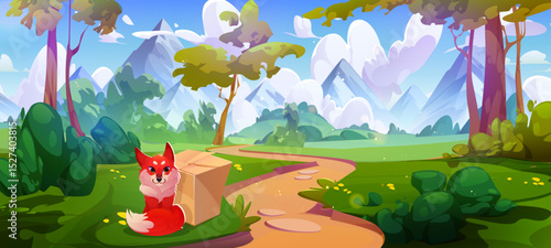 Forest landscape with winding path through trees, red fox sitting beside cardboard box on grass meadow - mountain peaks and bushes on nature scenery background. Game or children book environment.