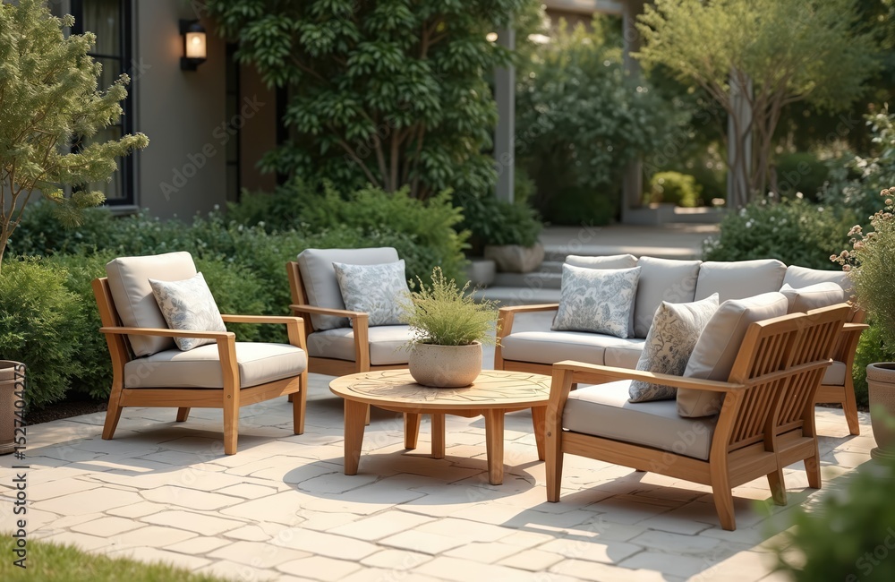 Fototapeta premium Elegant cozy garden furniture on terrace. Wooden sofa and armchairs with soft cushions. Table with plant on patio, suburban home exterior, stylish design. Summer vacation, outdoor living.