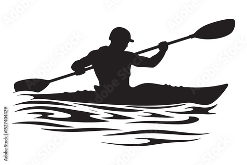 Silhouette of Kayaker Paddling in Water – Vector Illustration