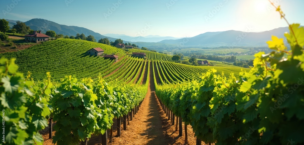Fototapeta premium Green field with rows of vines for harvesting. Ripe grapes for fine wine production. Scenic rows of grapevines on hillside. Beautiful view of wine region. Ideal for tourism.