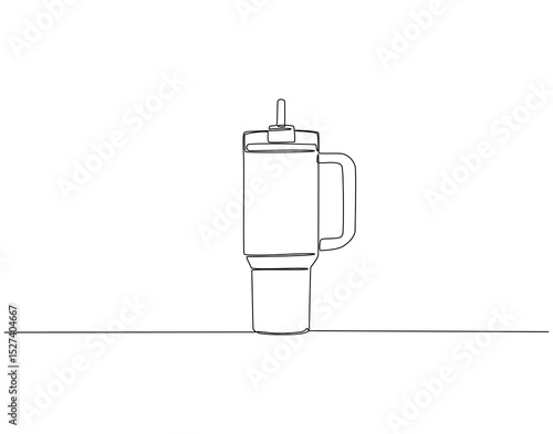 Continuous one line drawing of thermos bottle. One line drawing illustration of tumbler. Water container, fitness, traveling concept single line. Editable outline
