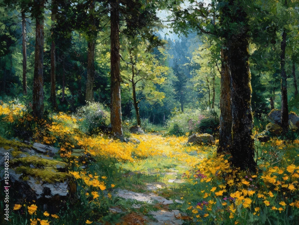 Fototapeta premium Behold a Sunlit Forest, Blooming Wildflowers, Rustling Leaves