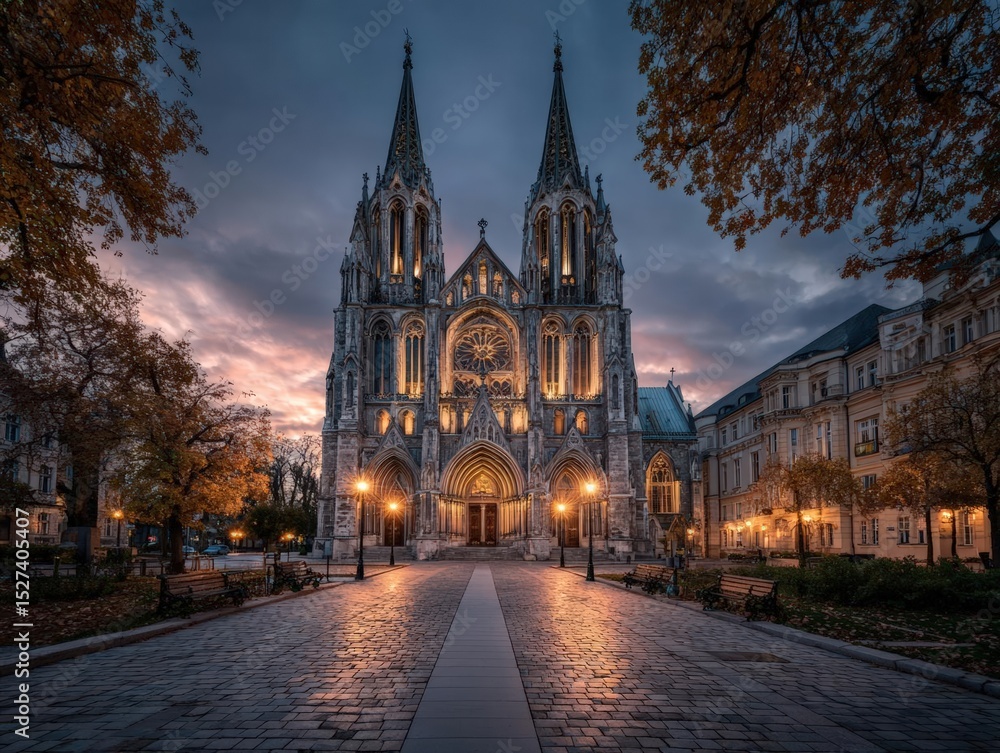 Fototapeta premium Capture a captivating long shot of a Gothic cathedral at dusk